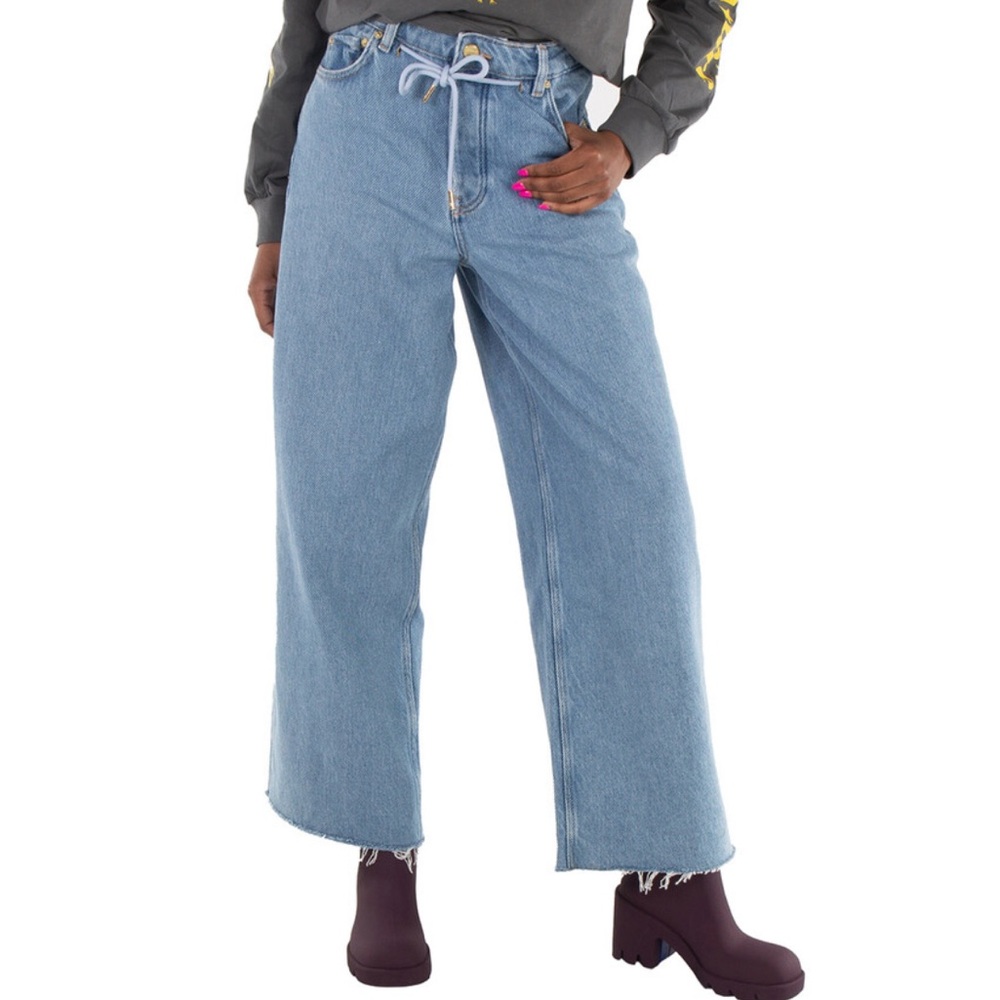 NWT GANNI Light Blue Stone Denim Wide Drawstring Jeans